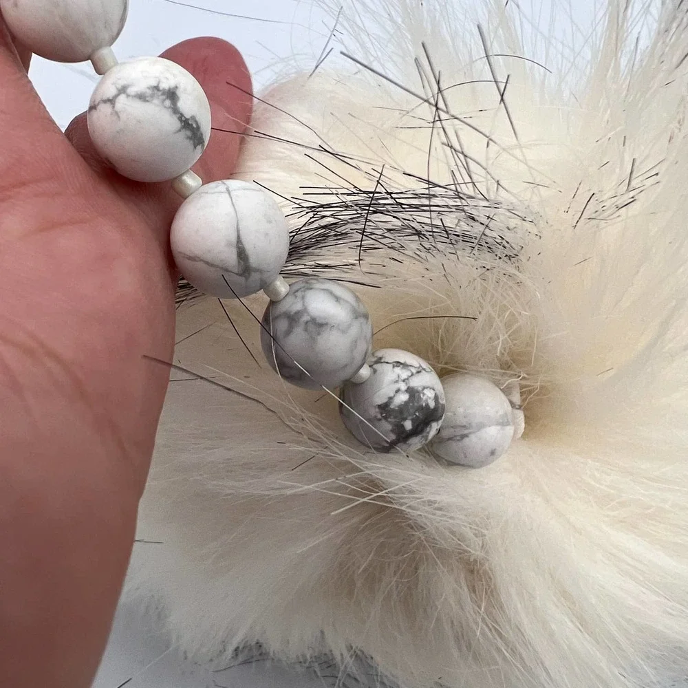 Handmade Faux Fur Pompom Keychain Bag Charm Howlite Beads White Gray Silver